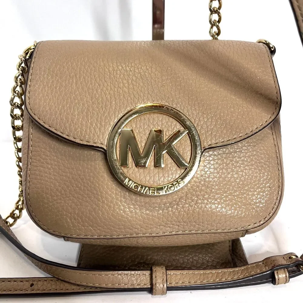 Michael Kors Small Fulton Tan & Gold Pebbled Leather Crossbody